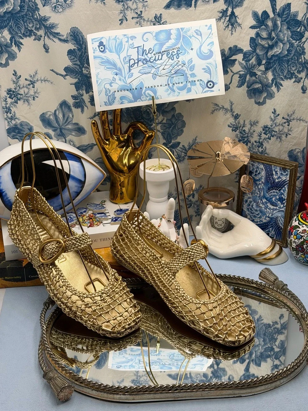 🆕 CULT GAIA 🧿 NWOB Gina Woven Leather Mary Jane Flats, Gold - Sz 37.5 US 7.5
